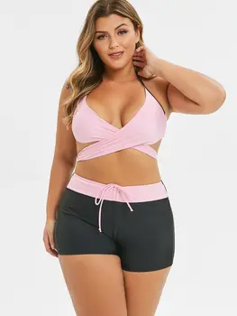 

Wipalo Plus Size Halter Criss Cross Wrap Bikini Set High Waisted Swimwear Two Tone Women Free Swimsuit Bathing Suit Sportswear