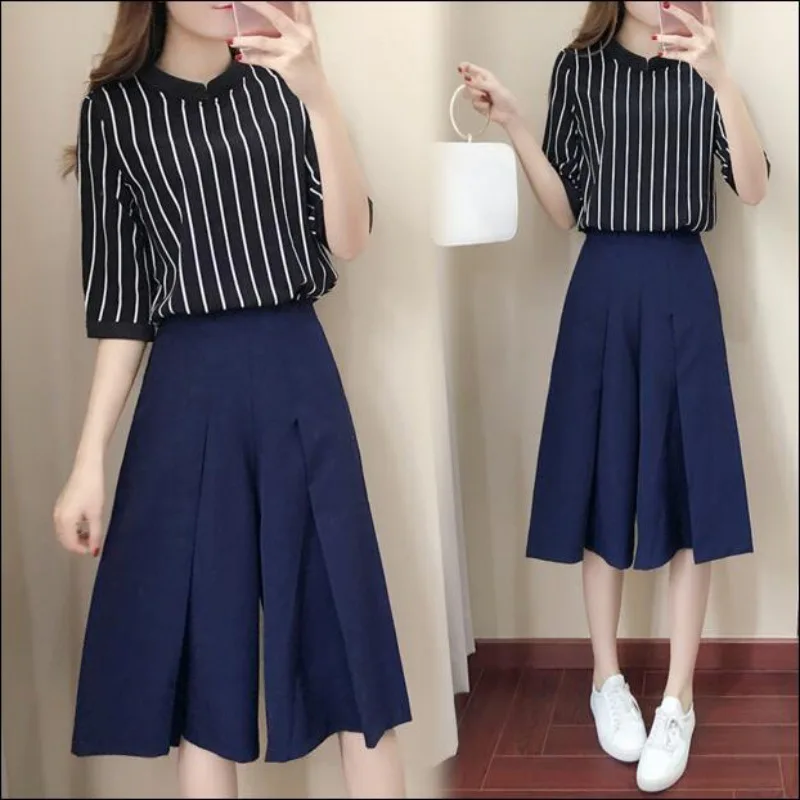 

2019 Summer Fashion Large Size Two-piece women's Set O-Neck Half Sleeve Shirts with Elastic Pleated Wide-legged Pants Sets