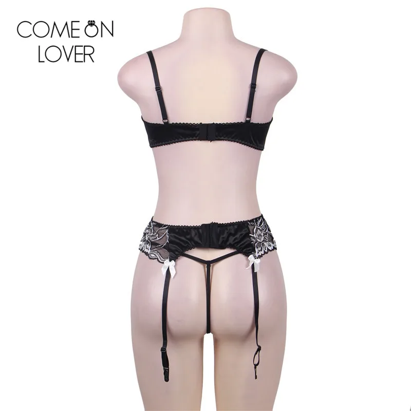 Comeonlover Open bust sexy lingerie bra set adjustable black plus size underwear sets with belt half cup garter bra set RL80319