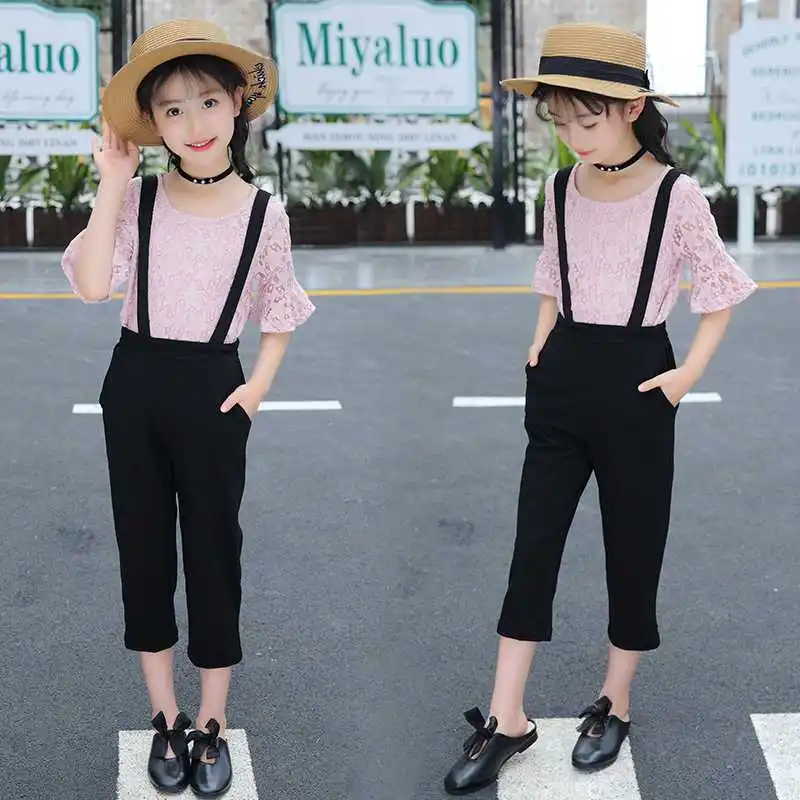 

2 Pieces Children Clothes Set Lace Shirt Blouse black Jumpsuit Outfit