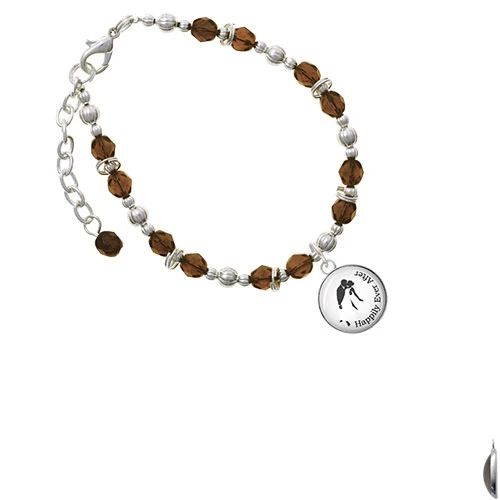 Silvertone Domed Wedding Couple Happily Ever After Brown Beaded Bracelet