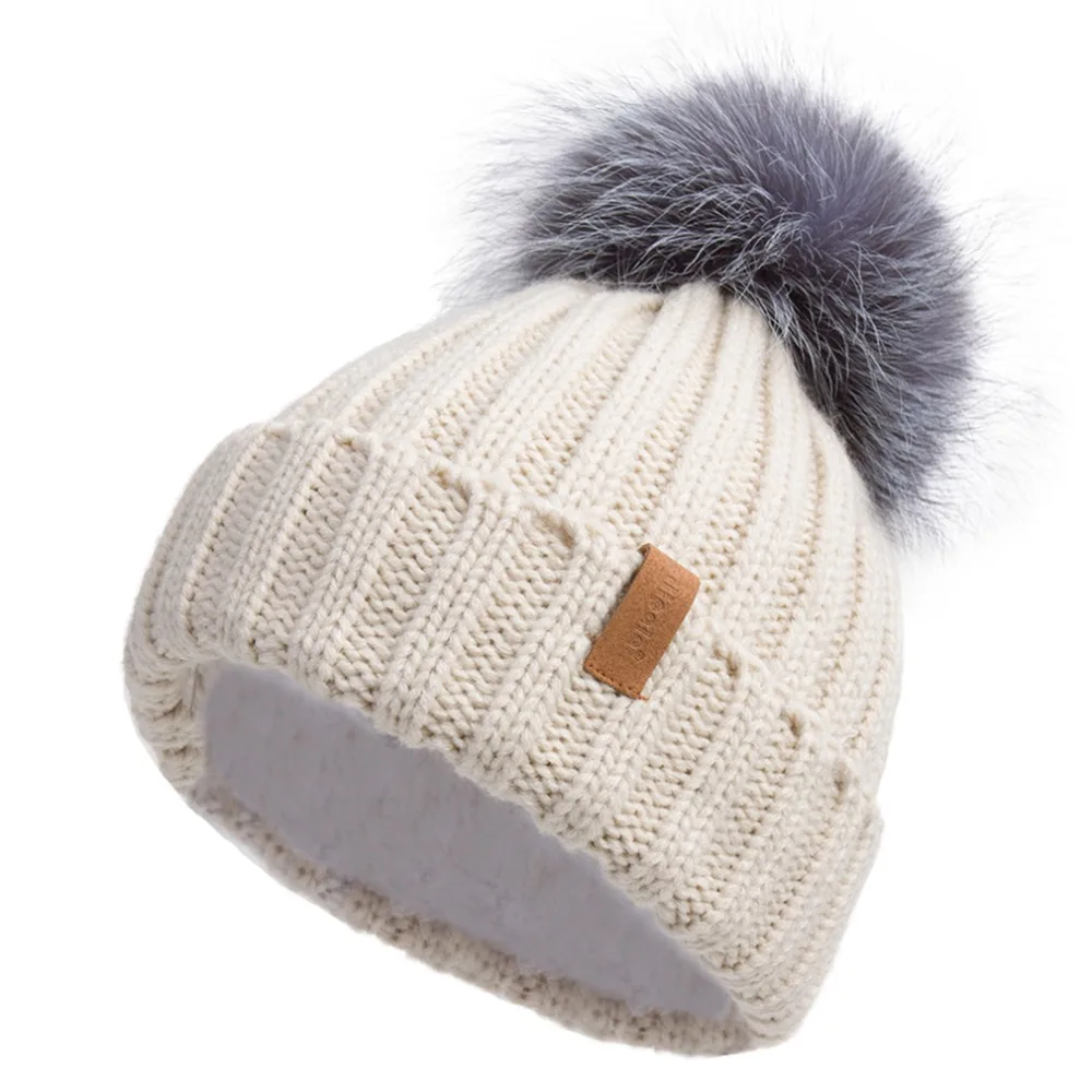 Pilipala Real Fur Pom pom Hat knitted Hat Skullies Winter