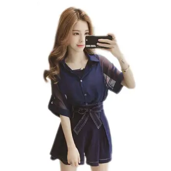 

Spring Autumn Women Lining Spaghetti Strap Turn Down Collar Shirt+Bow Elastic Waist Loose Short Set Lady Party Casual Suits Z212