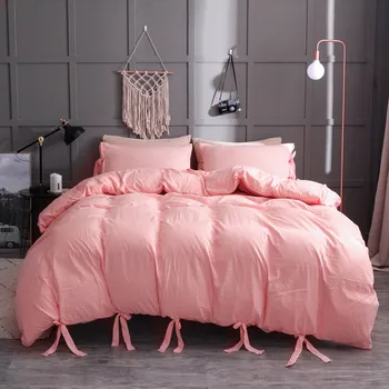 

Pink Color Lace-up Washed Cotton Duvet Cover Modern Style Set 3 Piece Simple Plain Quilt Cover Pillowcase Full Size L624