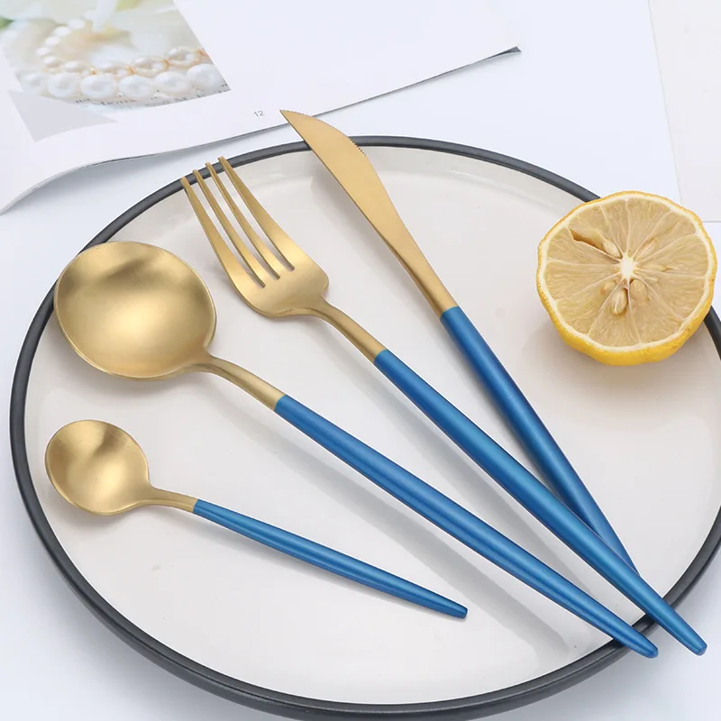 

2019 Hot Sale Blue Gold Cutlery Set Matte Dinnerware Set Spoons Forks and Knives 18/10 Stainless Steel Silverware Drop Shipping