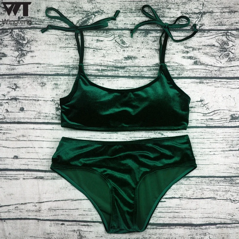 

2018 Velvet Bikini Set Red Swimwear Female Bathing Suit Thong Bikinis Beach Wear Velvet Swimsuit Solid Maillot De Bain Femme