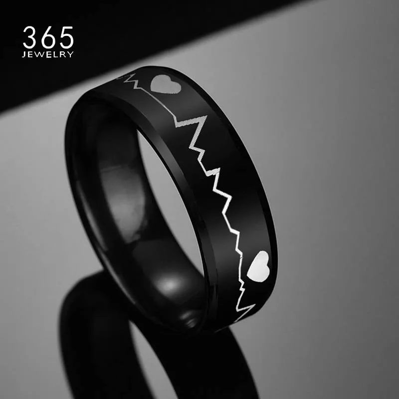 

Promise Jewelry 316L Titanium Steel Engraved Heartbeat Lover Ring Black Color Heart Symbol Rings For Couples Wedding Gift