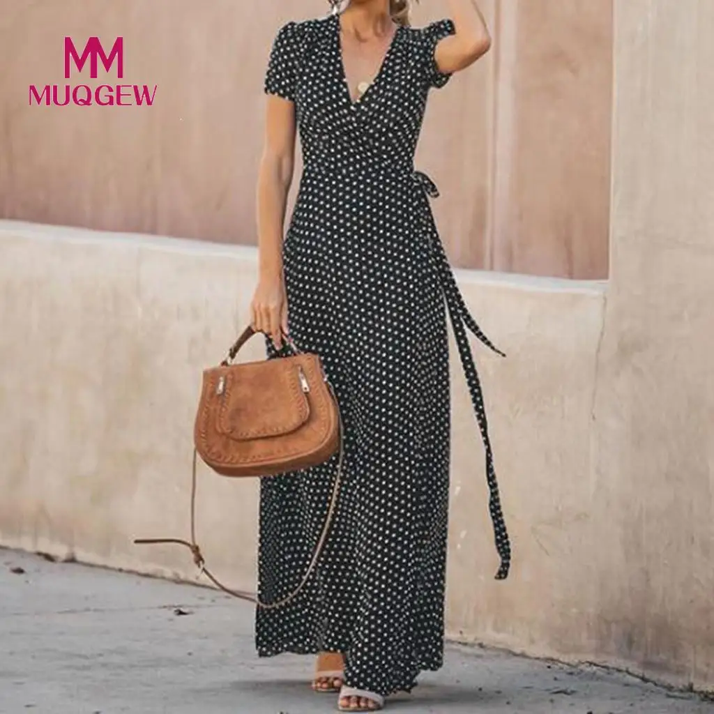 

MUQGEW 2019 Fashion Women's Summer Top V-Neck dresses Split Fork Wave boho dress bohemian long dress #G6