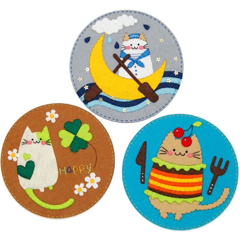 

3Pcs/Lot DIY Cute Cat Style Felt Coaster Sewing Cup Pad Free Cutting Handmade DIY Material Package For Table Felt Mat Home Decor