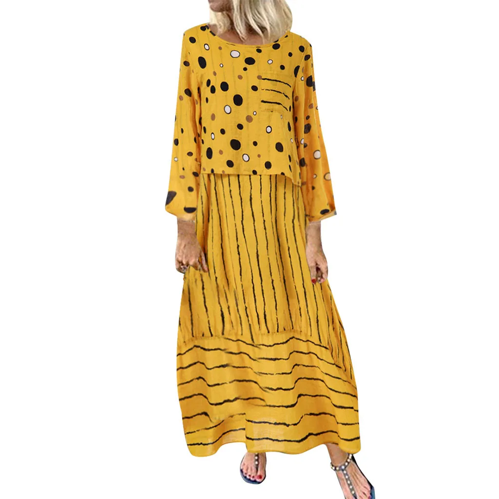 

Plus Size 5XL Cooton Linen Maxi Dress For Women Bohemian Dot Striped Print Full Sleeve O Neck Loose Long Dresses Mujer Vestidos