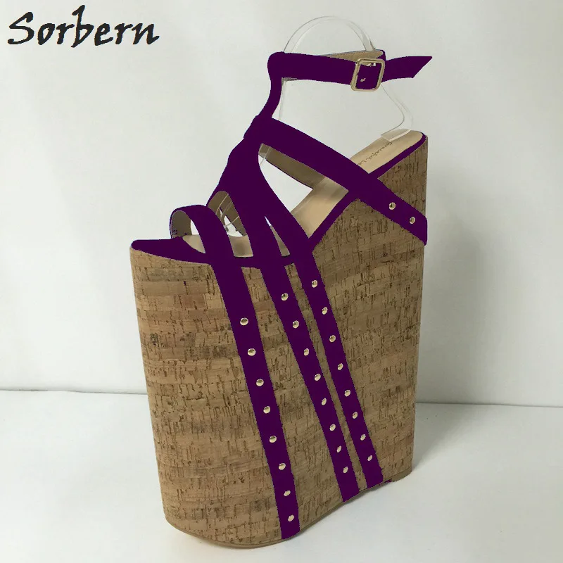 Sorbern/женские босоножки на танкетке на очень высоком каблуке; Фетиш-обувь на платформе с перекрестными ремешками; сандалии на каблуках; размеры 34-46 - Цвет: Фиолетовый