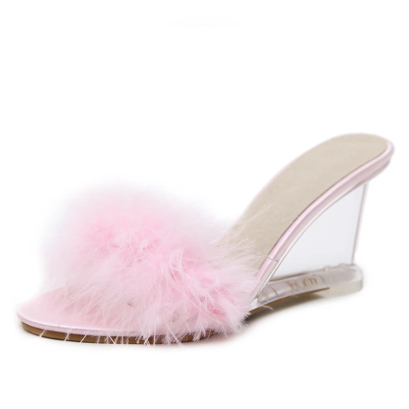 

Adult womens ladies summer style fashion faux fur transparent wedegs high heels slides slippers sandals china shoes woman F45
