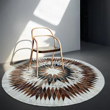 

American style round shaped cowhide seamed patchwork rug, natural milch cow fur carpet for living room decoration fur mat