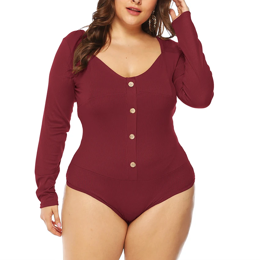 

Women Autumn Spring Sexy V Neck Plus Size Bodysuit Long Sleeve Clothing Sexy Slim Backless Knitted Bodycon Lady Button Jumpsuit