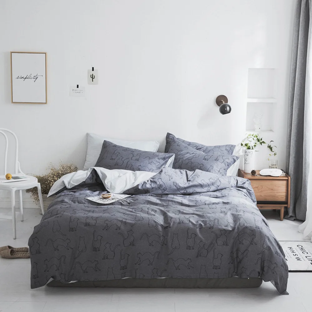 

2018 Cats Dark Grey Print Bed Cover Ru Europe Double Queen Size Bedding Set Cotton Fabric Duvet Cover Set Pillowcases