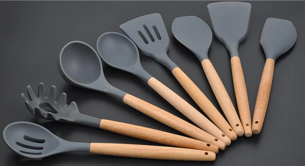 Распродажа 8 видов черная силиконовая деревянная лопатка термостойкая суповая ложка антипригарная специальная кухонная лопатка для кухонных инструментов 10100C