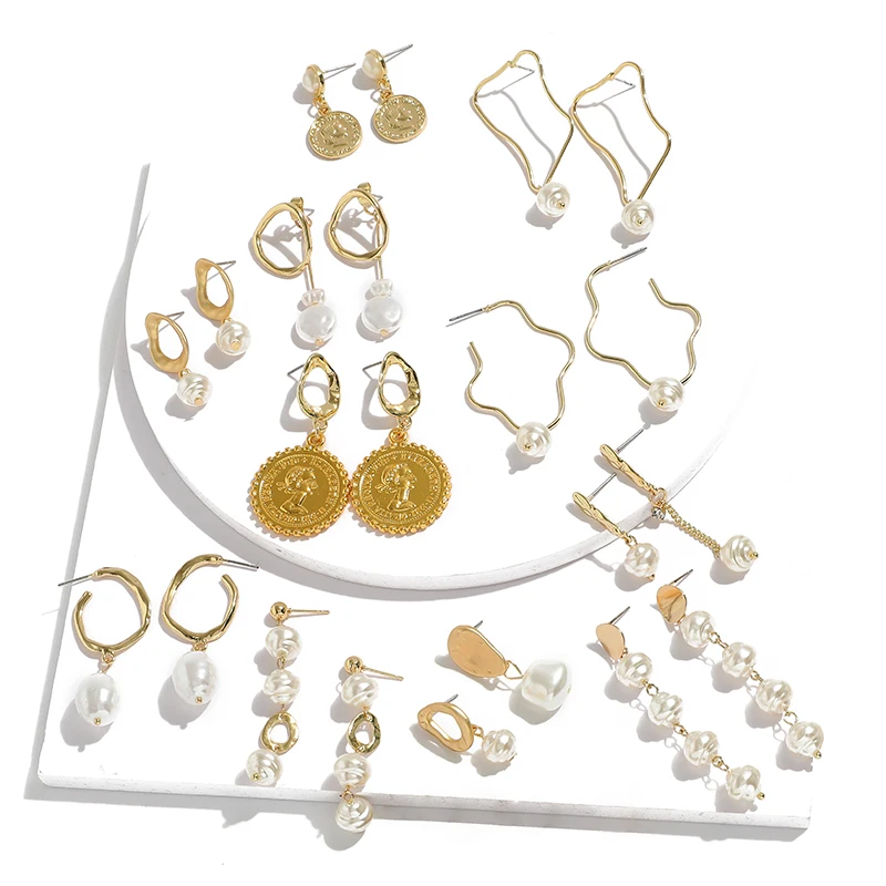 

Korea Design Metal Gold Geometric Irregular Circle Square Natural Freshwater Pearl Drop Earrings for Women Girl Gift