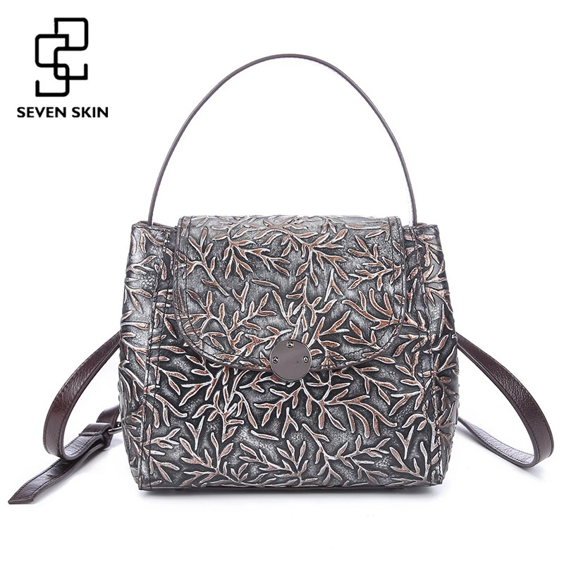 

New Women Genuine Leather Handbags with Floral Pattern Women Shoulder Messenger Bags Embossed Flower Small Mini Bucket Flap Bag