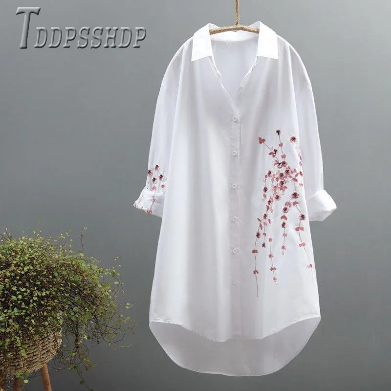 

Cotton Plus Size Embroidery Flower Women Blouse 2019 New White Female Blouses