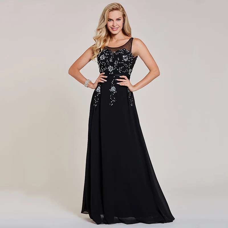 Tanpell бисерное вечернее платье, черное, без рукавов, с аппликацией, ТРАПЕЦИЕВИДНОЕ, длина до пола, платья для женщин, с открытой спиной, длинное вечернее платье
