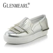 Серебристые женские лоферы; обувь на плоской подошве; женская брендовая обувь на толстом каблуке и платформе; Повседневная Удобная женская обувь без застежки; женская обувь; большие размеры 34-44