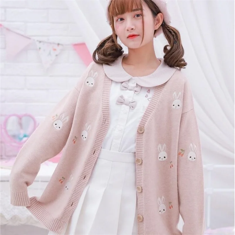 

Cute Bunny Pattern Women Knitted Sweater Japanese Mori Girls Spring Preppy Style Long Sleeve Loose Cardigan Sweater Student Tops