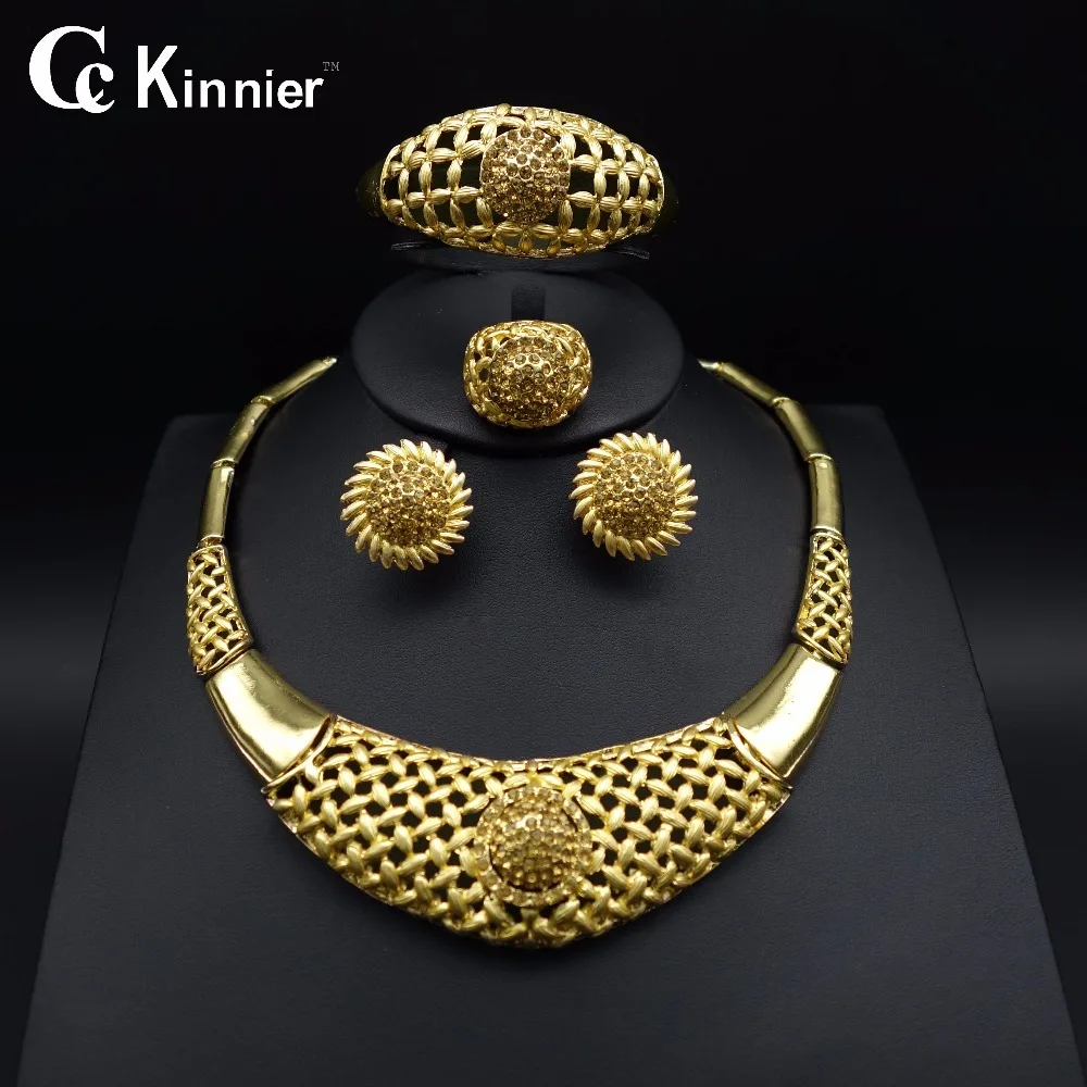 

New High quality Nigerian Wedding African jewelry sets Beads gold-color Dubai Plated Fashion Wedding Necklace Jewelry set