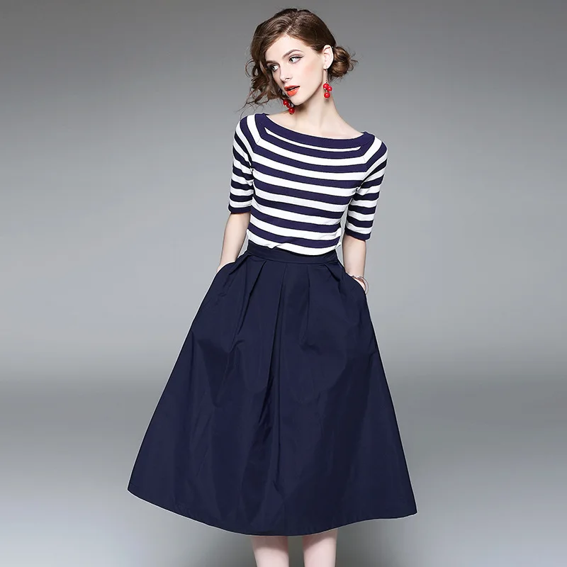 

2017 new brand runway women summer 2 piece suits knitting striped slash neck t-shirt solid bow chiffon ankle-length skirts