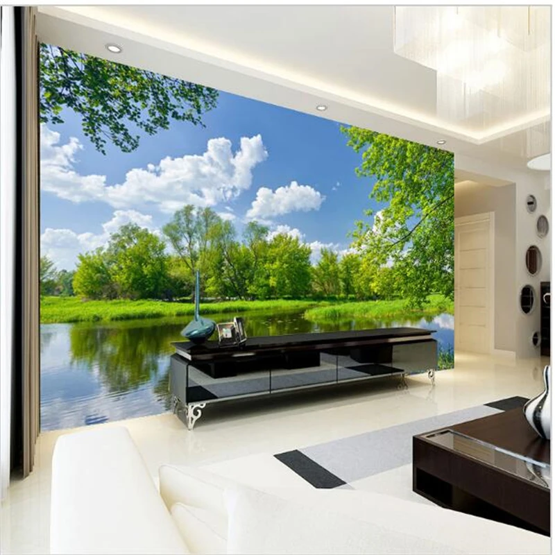 

beibehang Custom Mural 3D Stereo Lake Views Wallpaper Bedroom Sofa Background Wall Covering Wallpaper Blue Sky And White Clouds
