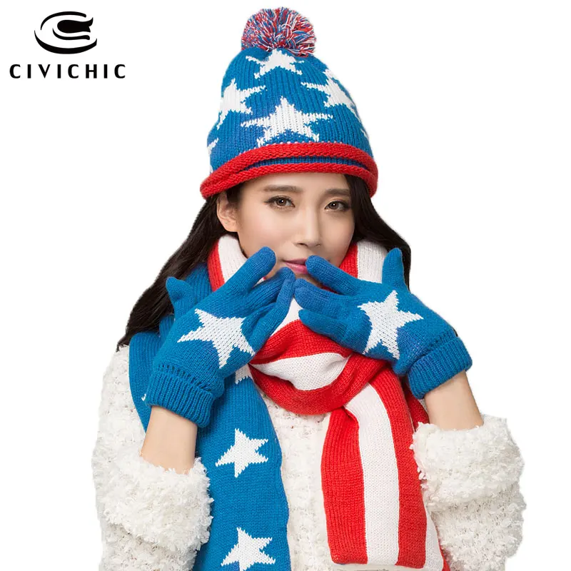 

CIVICHIC Hot Fashion Woman Winter Knit Hat Scarf Gloves 3 Piece Set Thick US Stars Stripes Flag Pompon Beanies Warm Suit SH123