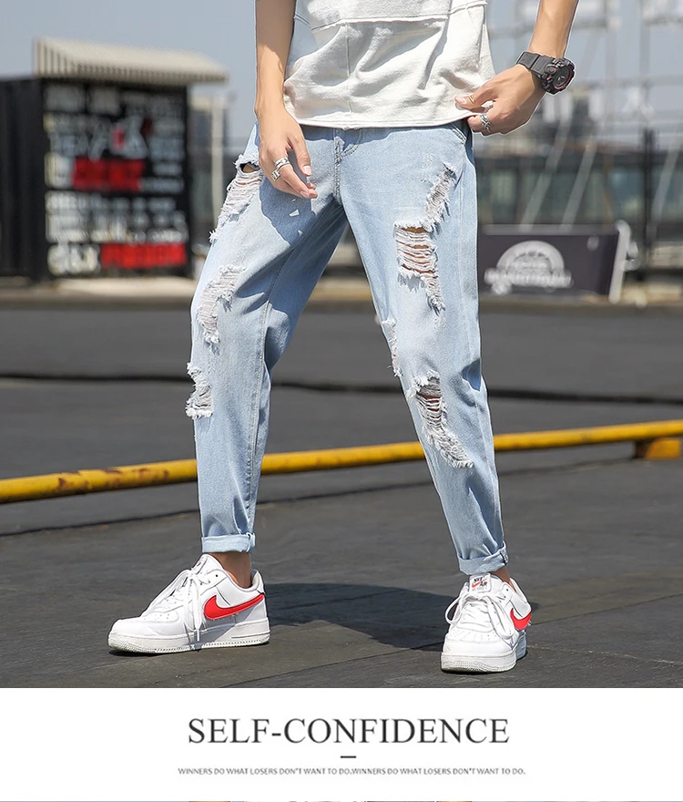 Summer Jeans Men Fashion Streetwear Ripped Jeans For Men Plus Size Light Blue Men Jeans Pants Casual Trousers Male 5XL-M