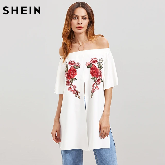 SHEIN White Flower Embroidery Applique Split Front Blouse2017 Fashion Trend Women Smart Casual SHEIN White Flower Embroidery Applique Split Front Blouse2017 Fashion Trend Women Smart Casual