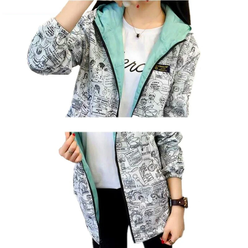 2018 Spring Autumn Women Basic Jacket Pocket Zipper Hooded Two Side Wear Cartoon Print Outwear Loose Coat Windbreaker Female