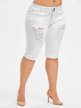 

Wipalo Plus Size Ripped Knee Length Jeans Mid Waist Zipper Fly Women Denim Pants Solid Straight Summer Fashion Bottoms 5XL 2019