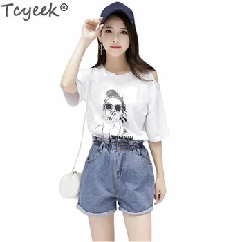 

Tcyeek Summer Fashion Two Piece Set Top and Denim Short Pants 2019 Women's Costumes Casual Female Suit Print T-Shirts LWL447