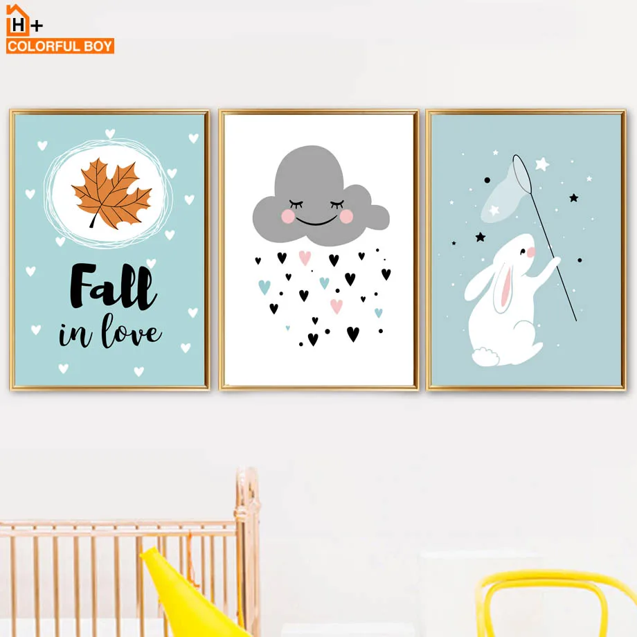 

Rabbit Cloud Maple Leaf Fall Quote Wall Art Canvas Painting Nordic Posters And Prints Cartoon Wall Pictures Baby Kids Room Decor
