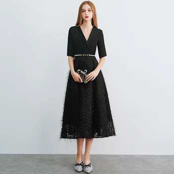 

weiyin Black Short Sleeves Lace Evening Dresses Party Elegant Gowns A Line Vestidos De Festa Vestido Longo Robe De Soiree WY1047