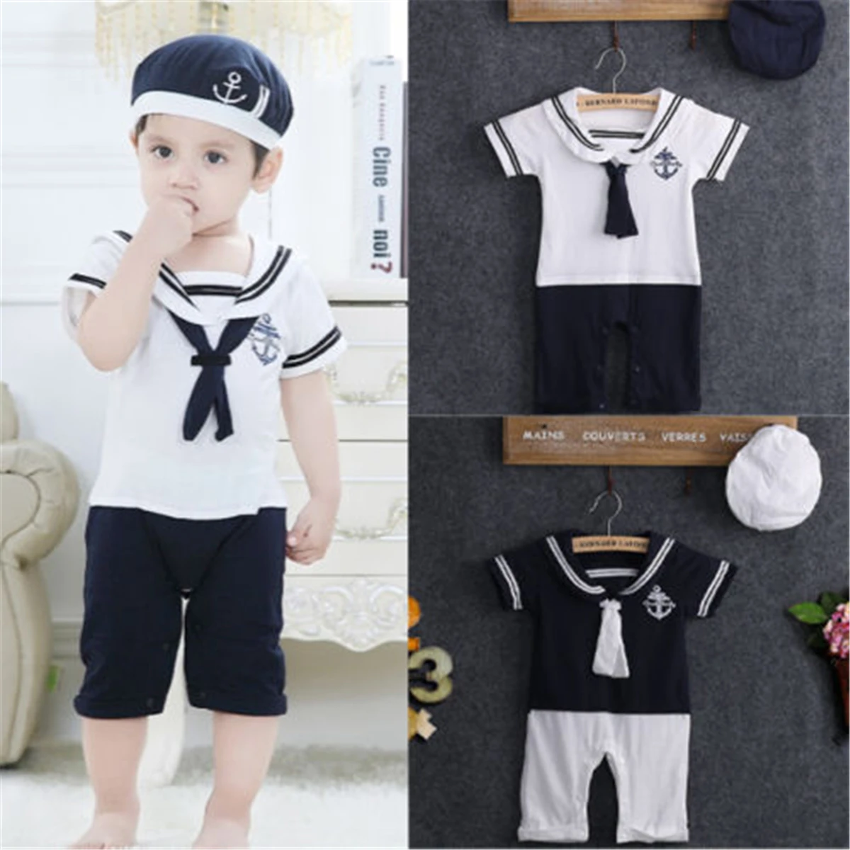 

Newborn Baby Boy Sailor Playsuit 2Pcs Toddler Outfit Set Navy Tie Romper+Hat Jumpsuit
