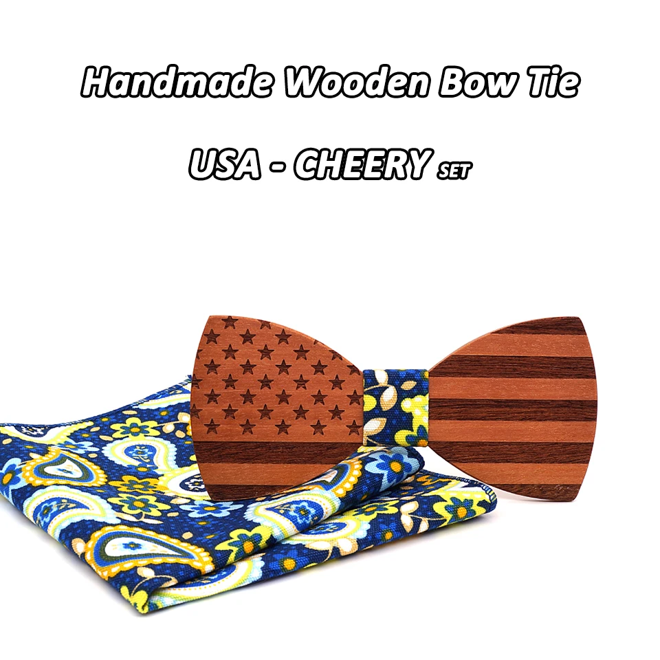 Mahoosive орех деревянный галстук бабочка для мужчин свадебные галстуки комплект интимные аксессуары флаг США ручной работы твердой древесины - Цвет: USA CHEERY SET