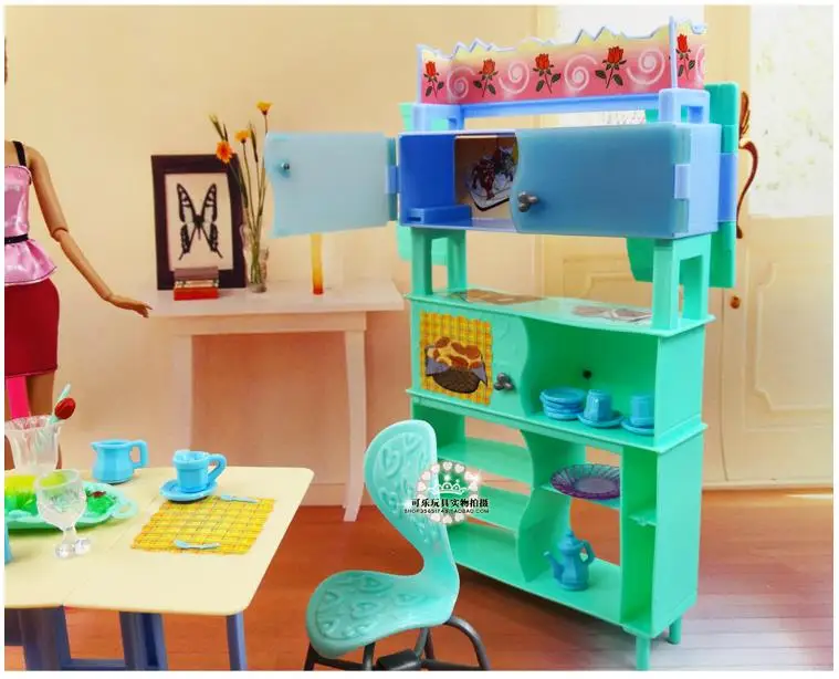 Для куклы Барби Келли Кен зеленый обеденный стол Витрина набор Кукольный дом столовая мебель чашки стул аксессуары подарок для девочек