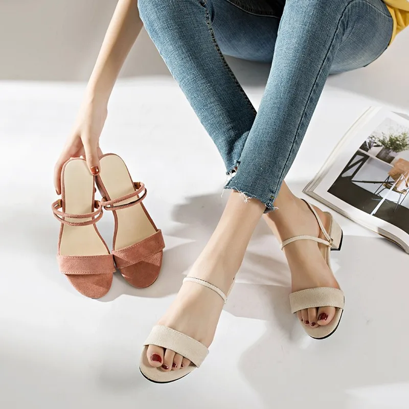 

Women Fashion Slippers Square Heel Sandals 2019 Summer Med Heel Shoes Woman Slip On Slides Flock Female Outside Slipper SH041802