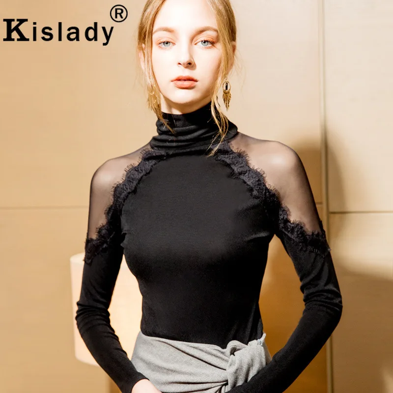 Женская кружевная водолазка Kisaldy черная Облегающая рубашка лоскутного покроя с