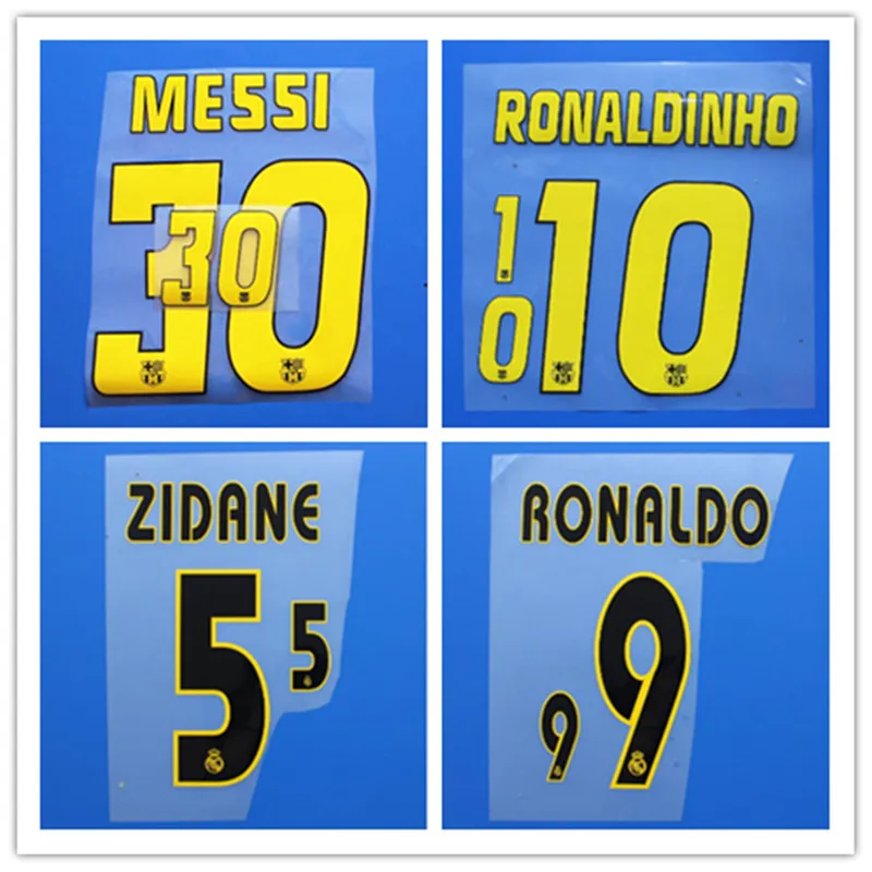 

Retro ZIDANE RONALDO RONALDINHO GUARDIOLA RIVALDO MESSI old number name font print Hot stamping patches badges