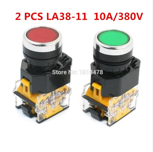

2 pcs LA38-11 22mm Panel Cutout Dia 10A 380V DPST Red Green Momentary Push Button Switch