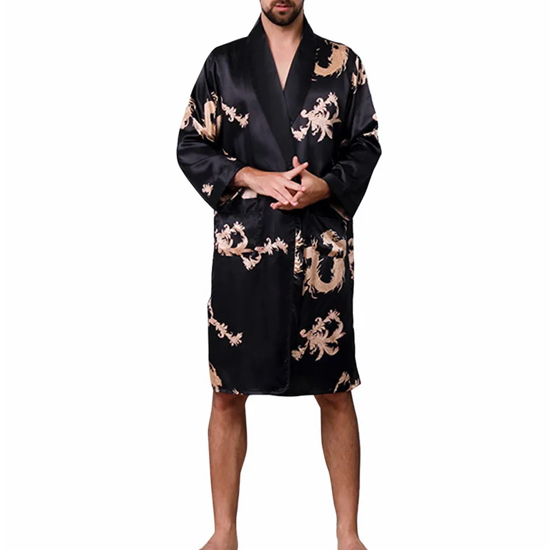 

Men Chinese Style Dragon Sleep Robes 2019 New Plus size Long Bathrobe Brand Faux Silk Long Male Sleep Robes 5XL Sleepwear