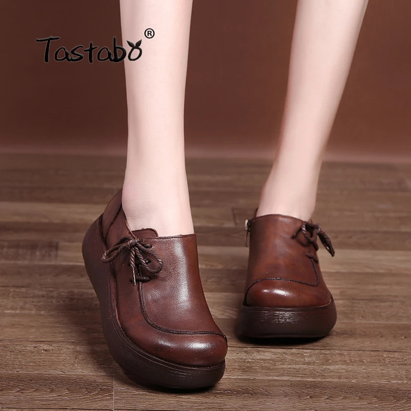 Acheter Tastabo Plat Plate Forme Femme Chaussures À La Main Véritable Appartements En Cuir vintage Doux Confortable Chaussures pour Femmes