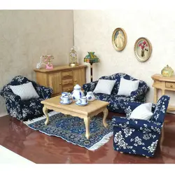 1/12 кукольный домик мебель комплект для гостиной-синие цветочные диванные подушки, конец Настольный набор для чая стол и цветной абажур