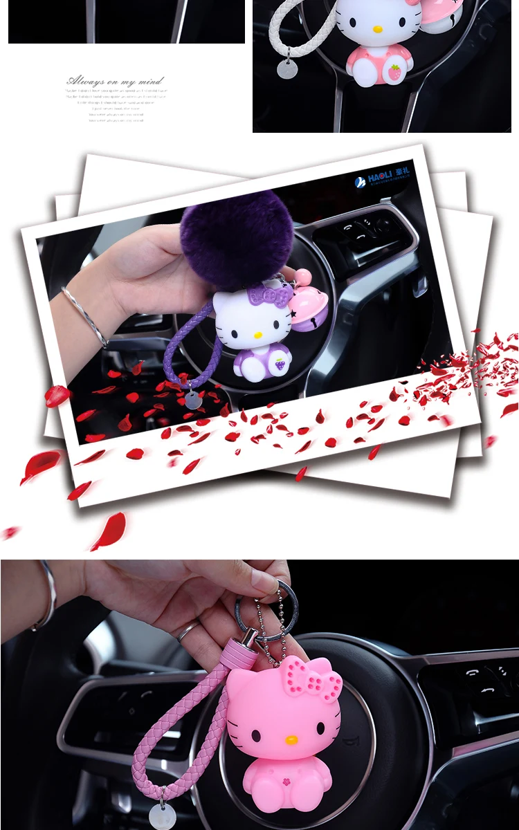 Cute Cartoon Hello Kitty Rabbit Fur Ball PomPom Pom Poms Keychain Women Leather Strap Metal Key Ring Chains Car Bag Charm D35B