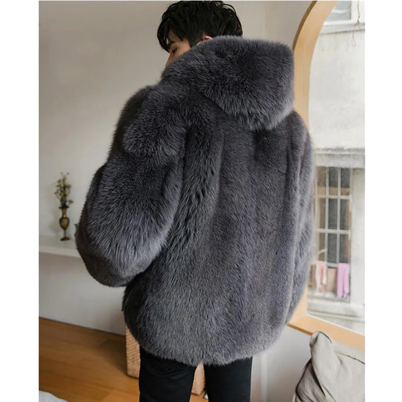 TOPFUR 2018 Winter Thick Fox Fur Men' Jacket With Fox Hood Top Quality Warm Gray Color Whole Skin Real Fur Coat For Man Luxury
