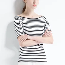 

CANVAUS New Summer Women Cotton Horizontal Striped Slim Sexy Slash Neck Short Sleeve Office Lady Casual T Shirt Tops K182A